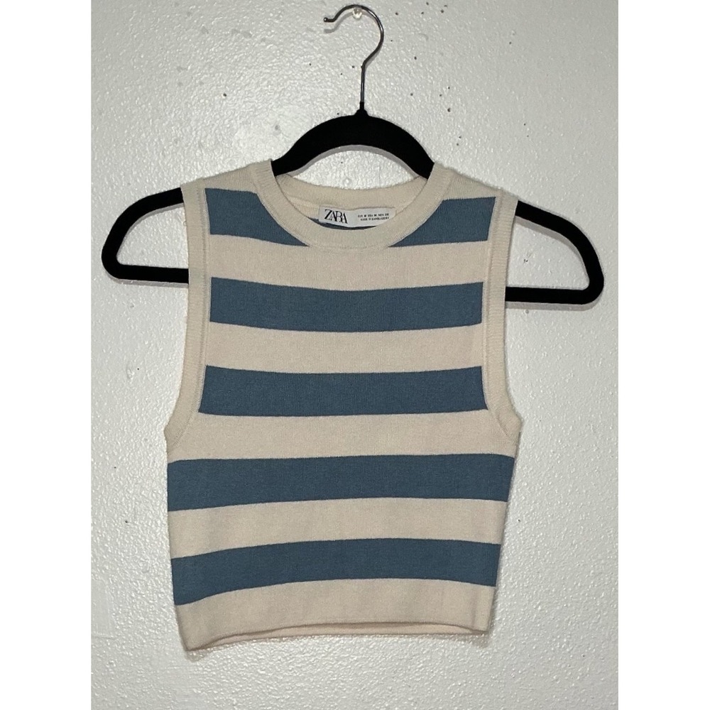Zara Striped Knit Sleeveless Sweater Crop Top Blue White M Academia Lightweight